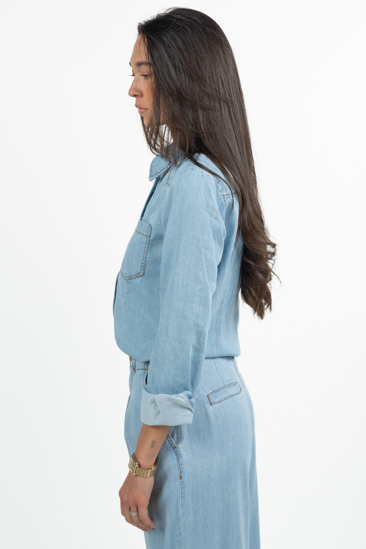 Camicia in Denim Leggero con Bottoni Dorati - Lavaggio Chiaro - Penny Black