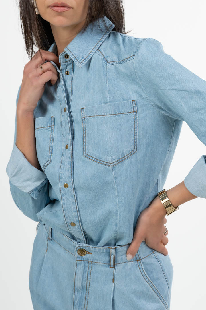 Camicia in Denim Leggero con Bottoni Dorati - Lavaggio Chiaro - Penny Black