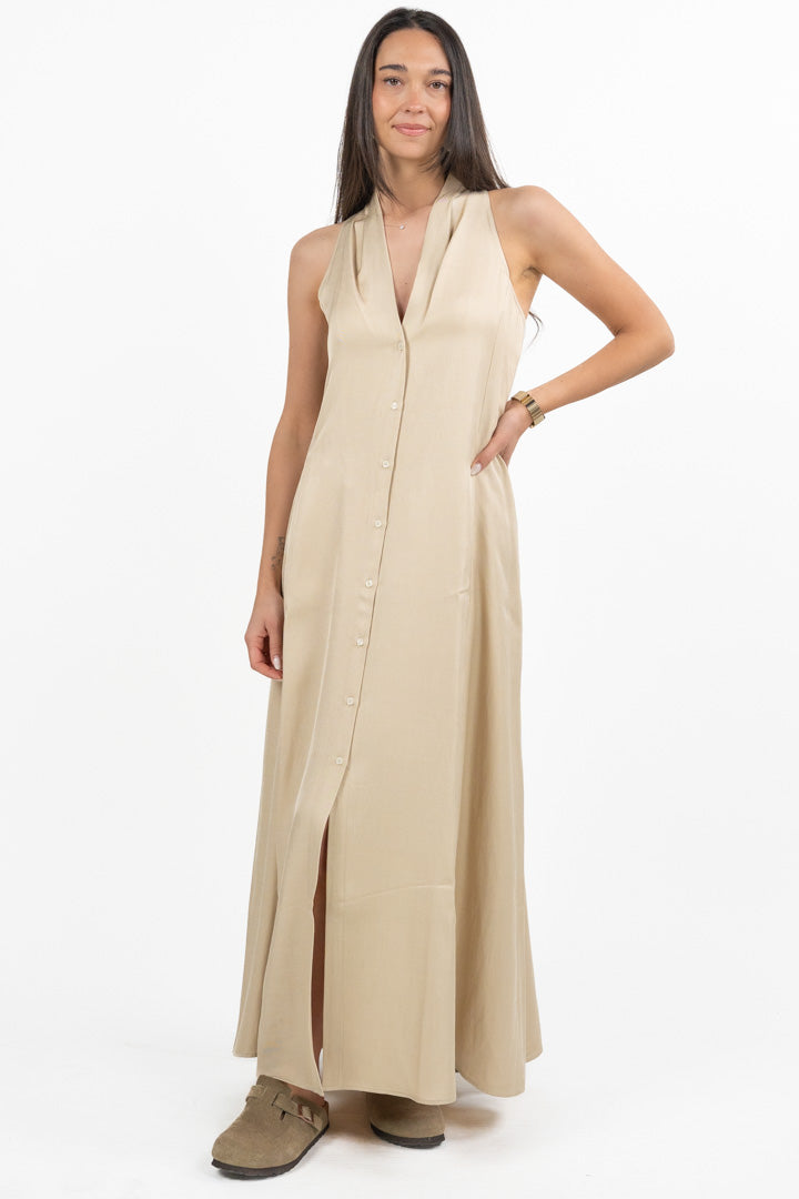 Abito Maxi Smanicato in Twill di Viscosa e Lino sabbia - Emme Marella