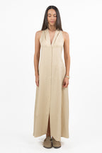 Abito Maxi Smanicato in Twill di Viscosa e Lino sabbia - Emme Marella