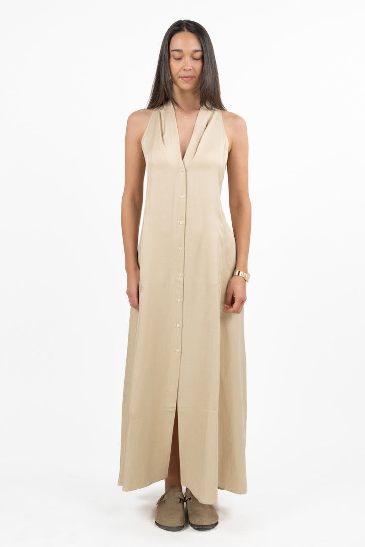 Abito Maxi Smanicato in Twill di Viscosa e Lino sabbia - Emme Marella