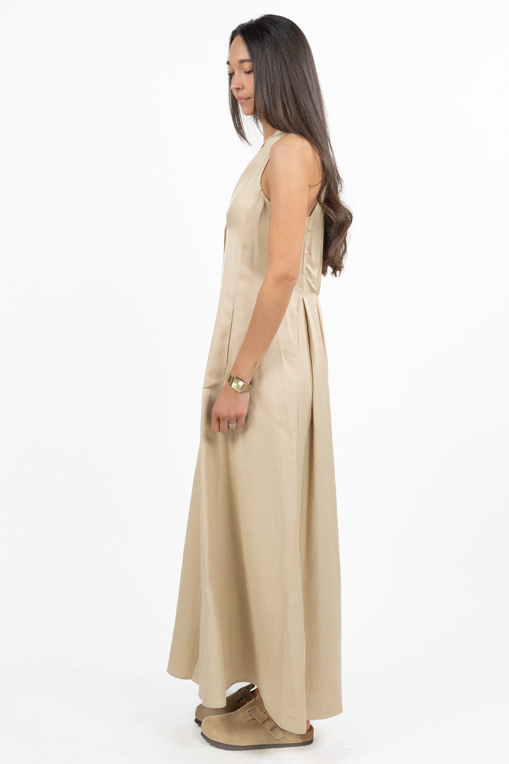 Abito Maxi Smanicato in Twill di Viscosa e Lino sabbia - Emme Marella