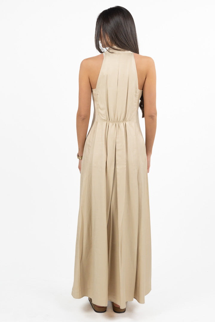 Abito Maxi Smanicato in Twill di Viscosa e Lino sabbia - Emme Marella