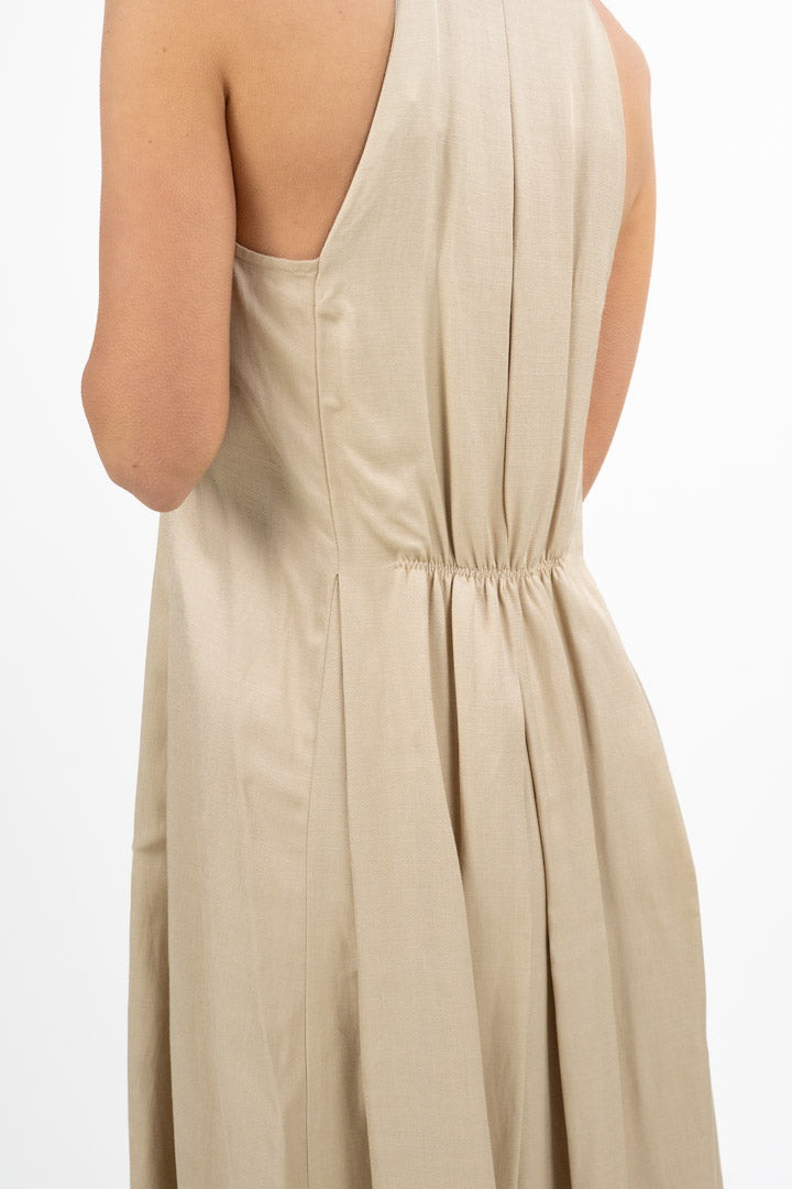 Abito Maxi Smanicato in Twill di Viscosa e Lino sabbia - Emme Marella