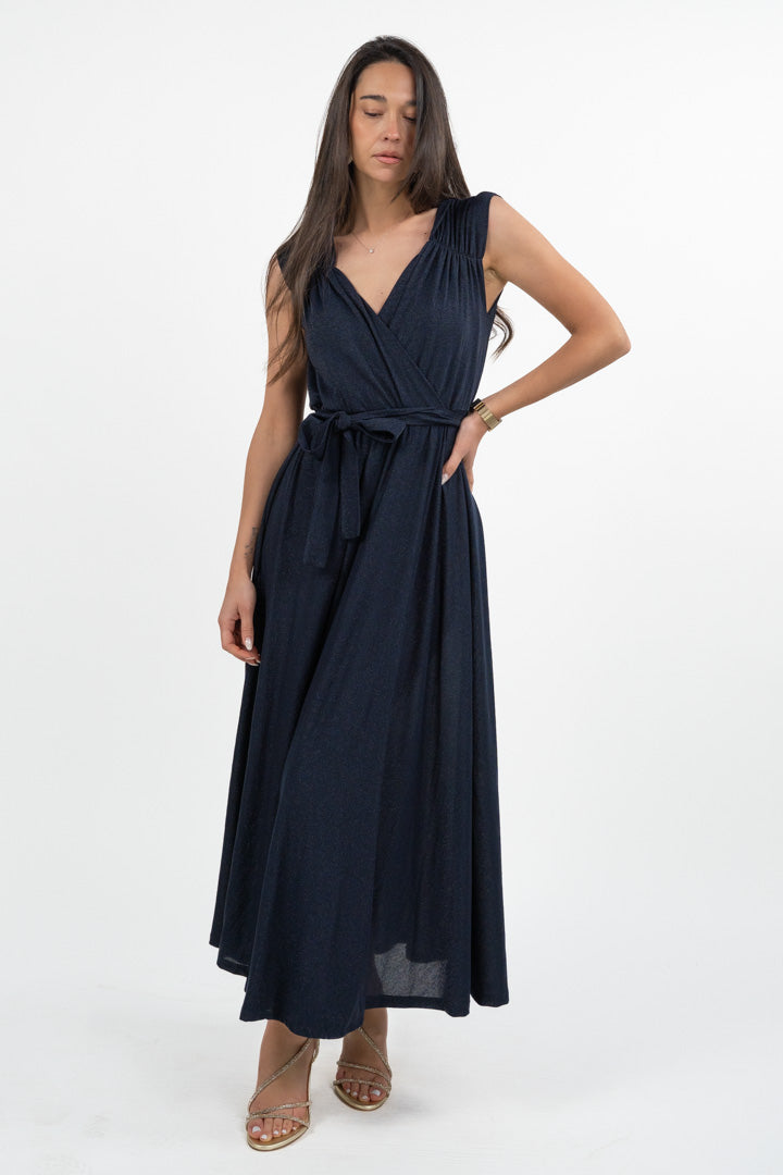 Abito Lungo in lurex blu con Scollo a V e Cintura - Emme Marella