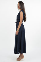 Abito Lungo in lurex blu con Scollo a V e Cintura - Emme Marella