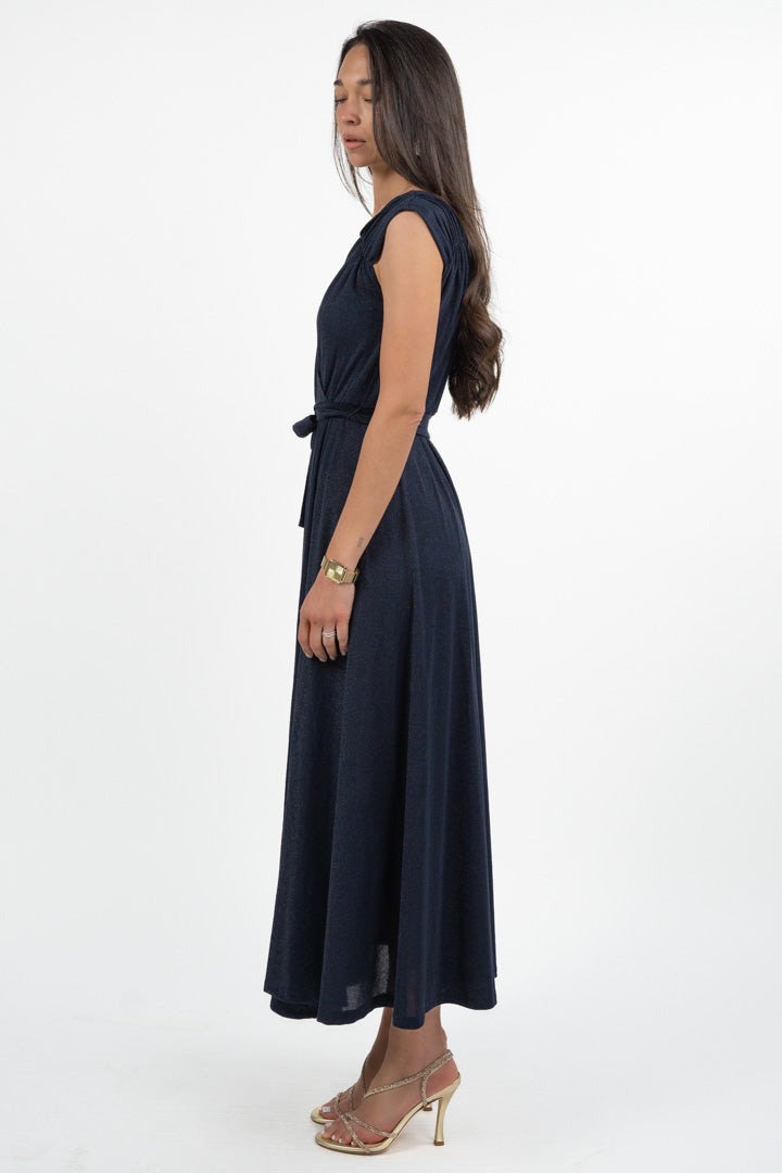 Abito Lungo in lurex blu con Scollo a V e Cintura - Emme Marella