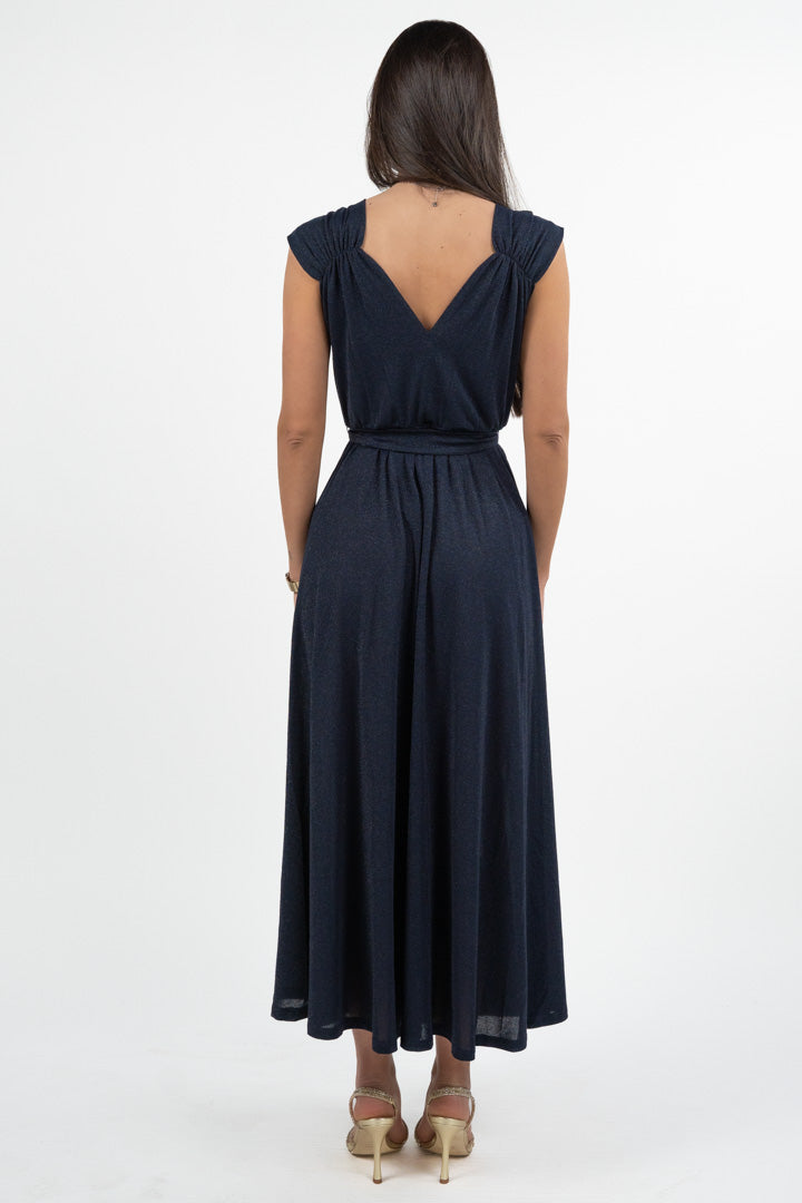 Abito Lungo in lurex blu con Scollo a V e Cintura - Emme Marella