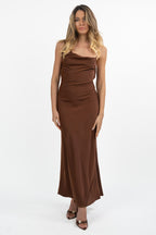 Slip Dress Lungo in Satin marrone - Hanita