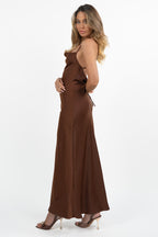 Slip Dress Lungo in Satin marrone - Hanita