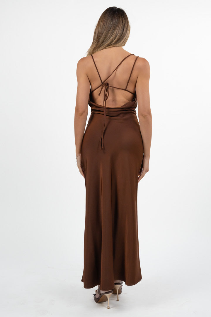 Slip Dress Lungo in Satin marrone - Hanita