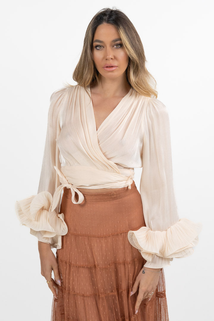Blusa Crop a Portafoglio con Maxi Volant avorio - Hanita