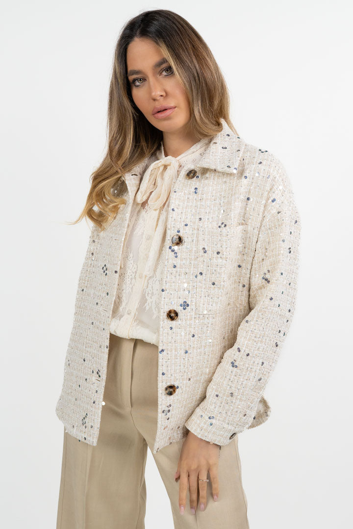 Giacca Oversize in Tweed Panna con Paillettes Dégradé - Emme Marella