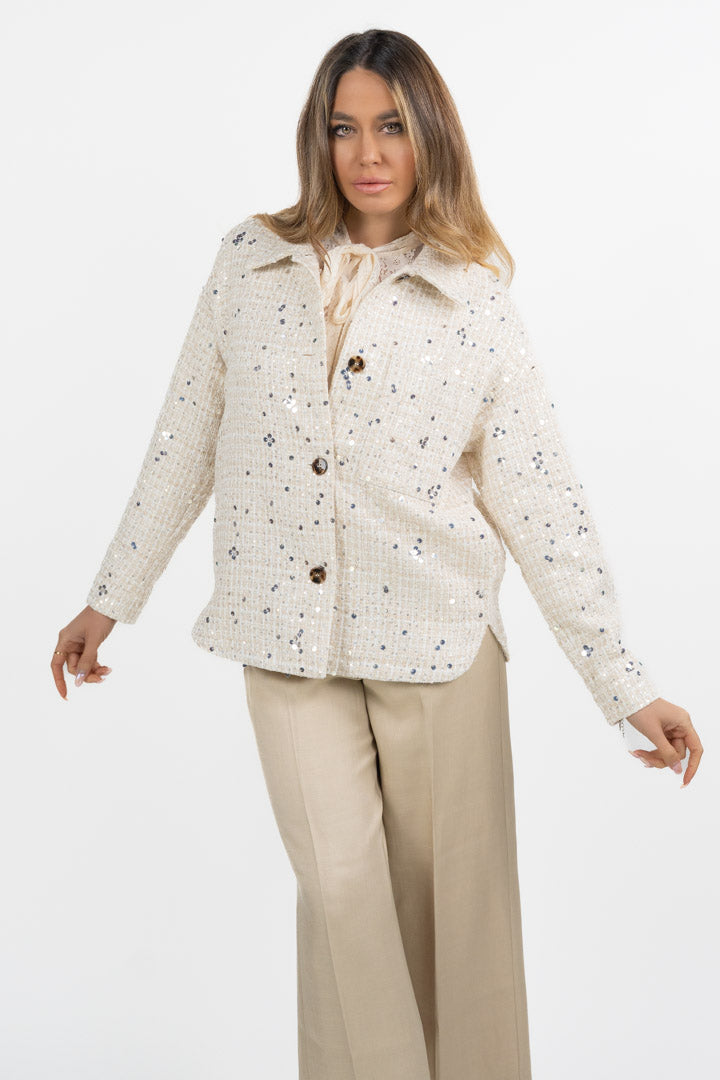 Giacca Oversize in Tweed Panna con Paillettes Dégradé - Emme Marella