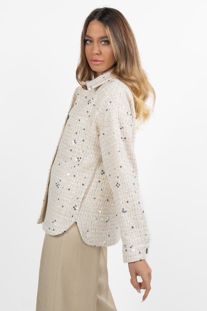 Giacca Oversize in Tweed Panna con Paillettes Dégradé - Emme Marella