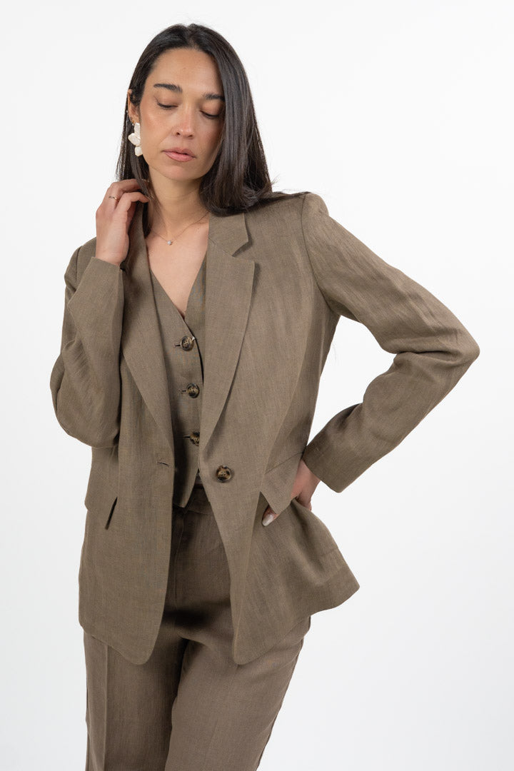 Giacca Blazer Monopetto in Misto Lino – Marrone - Emme Marella