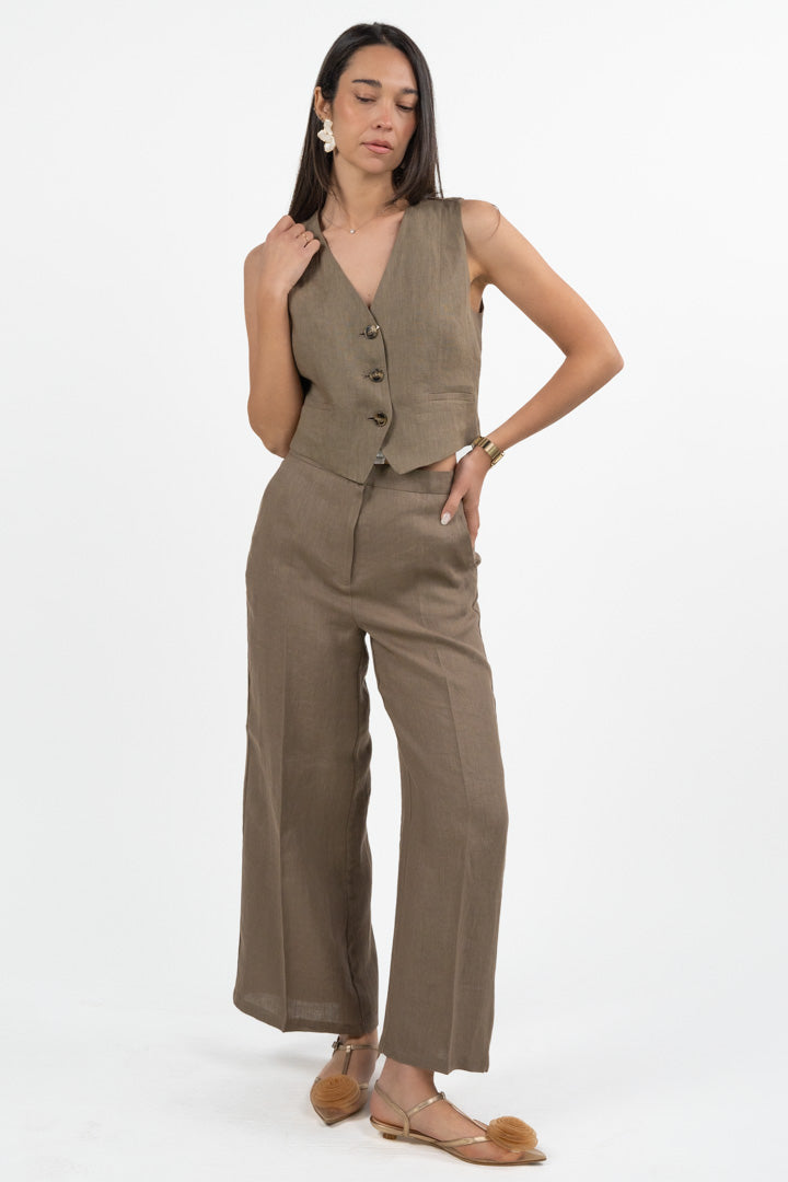 Gilet Sartoriale Cropped in Lino – Tortora - Emme Marella