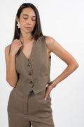 Gilet Sartoriale Cropped in Lino – Tortora - Emme Marella