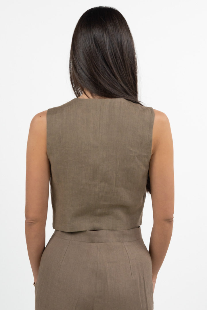 Gilet Sartoriale Cropped in Lino – Tortora - Emme Marella