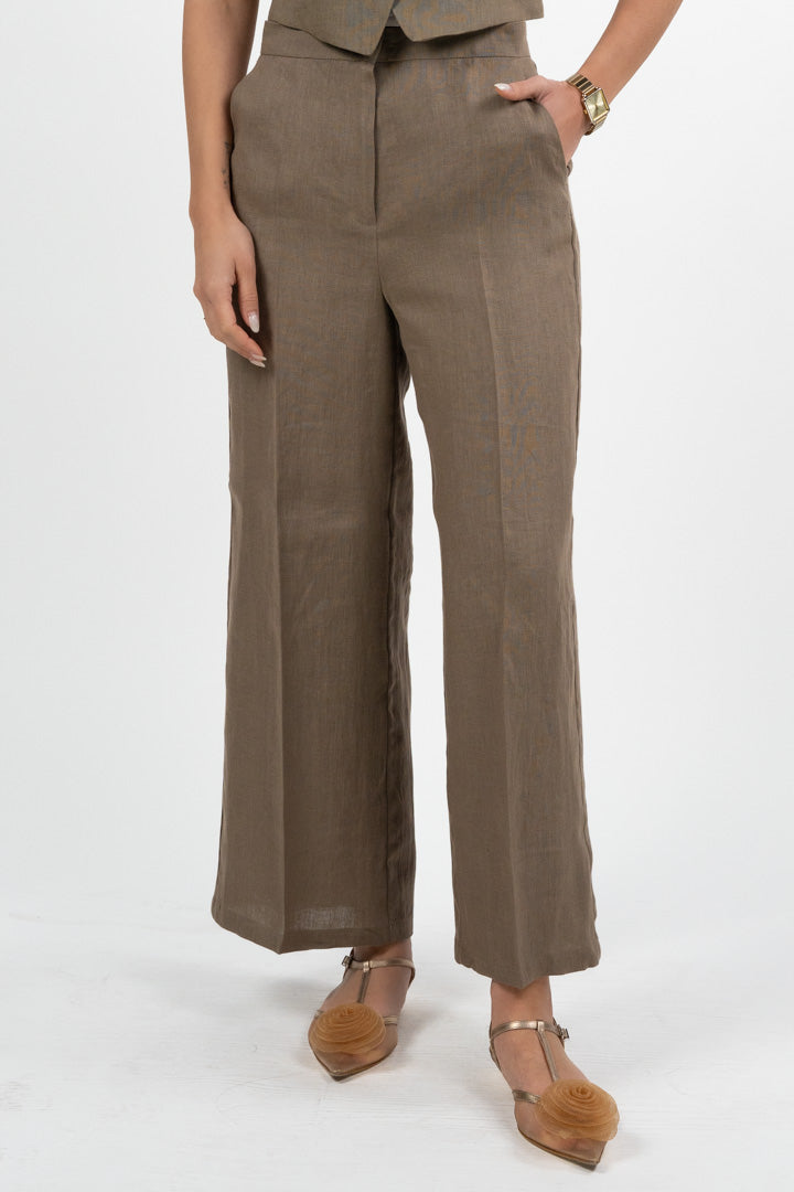 Pantalone Palazzo a Vita Alta in Lino – Tortora - Penny Black