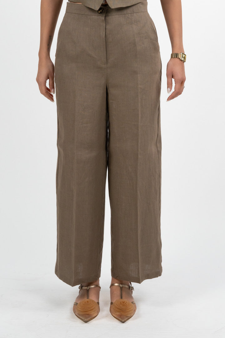 Pantalone Palazzo a Vita Alta in Lino – Tortora - Penny Black