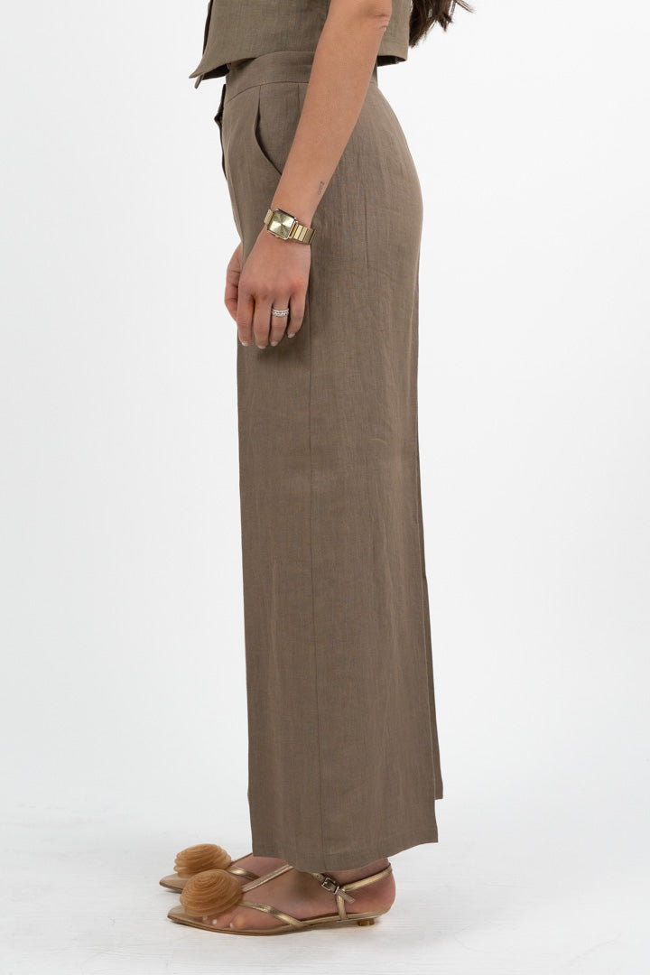 Pantalone Palazzo a Vita Alta in Lino – Tortora - Penny Black