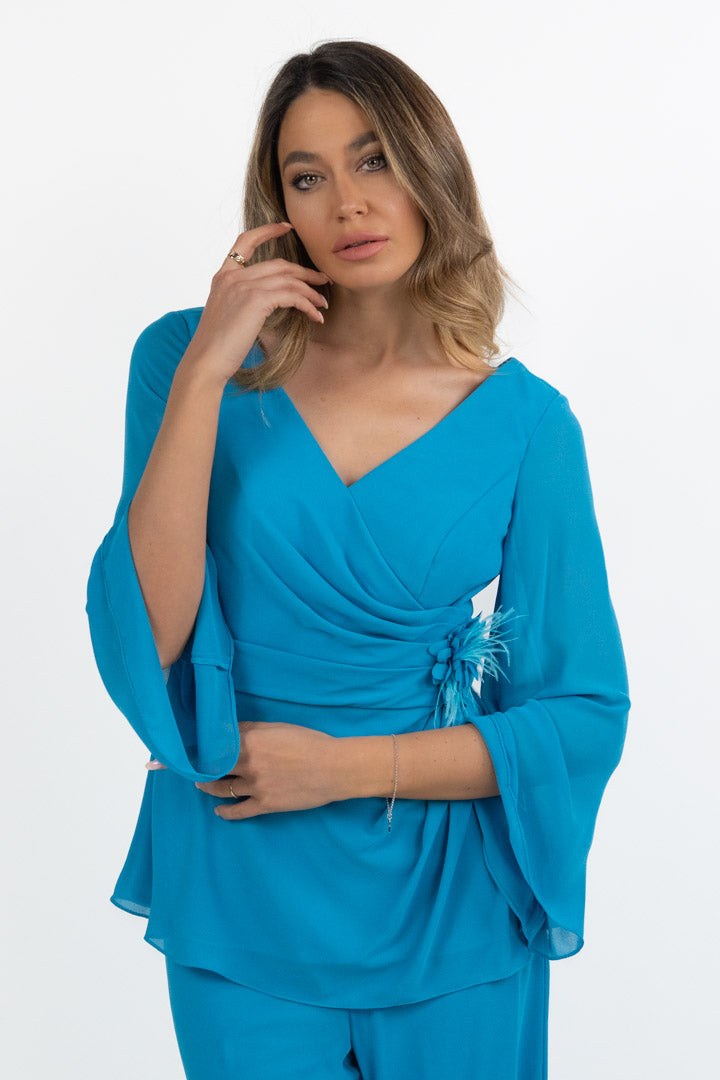Completo Elegante con Blusa e Pantalone Palazzo turchese - Solo Gioie