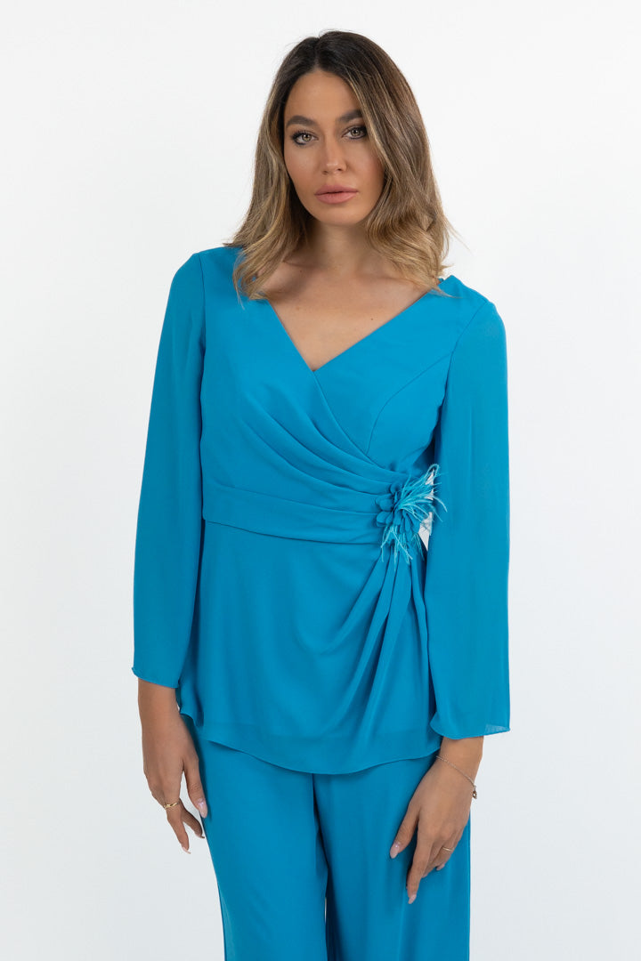 Completo Elegante con Blusa e Pantalone Palazzo turchese - Solo Gioie