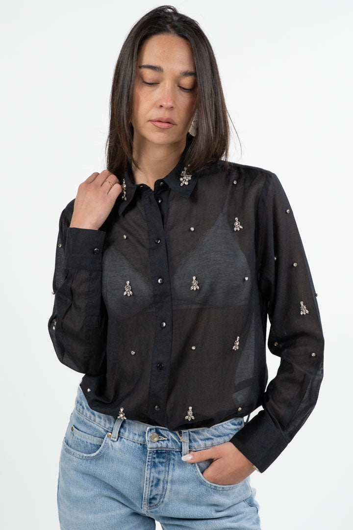 Camicia in Organza Nera con Ricami Gioiello e Strass - Gaudì