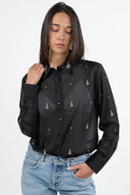 Camicia in Organza Nera con Ricami Gioiello e Strass - Gaudì
