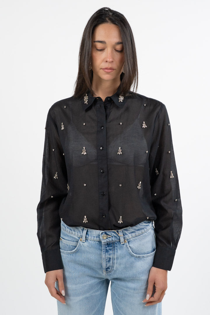 Camicia in Organza Nera con Ricami Gioiello e Strass - Gaudì