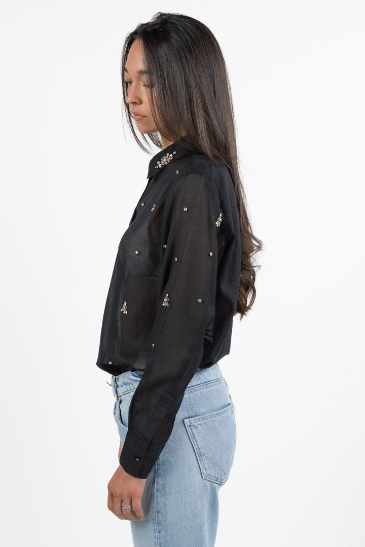 Camicia in Organza Nera con Ricami Gioiello e Strass - Gaudì