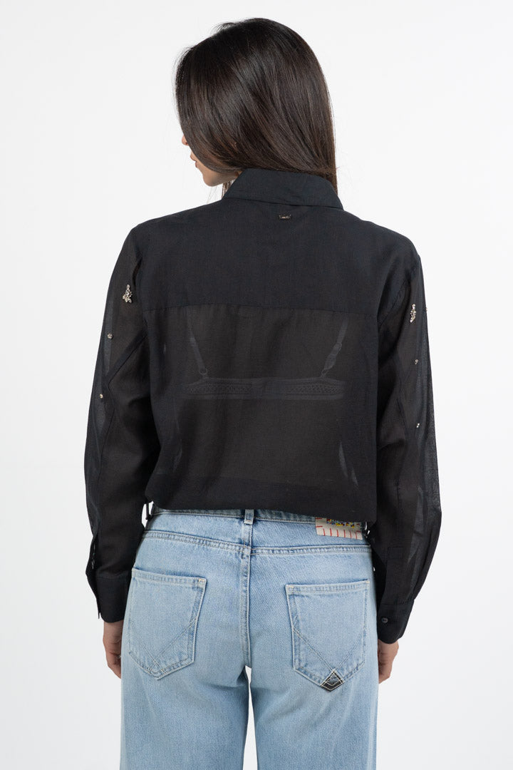 Camicia in Organza Nera con Ricami Gioiello e Strass - Gaudì