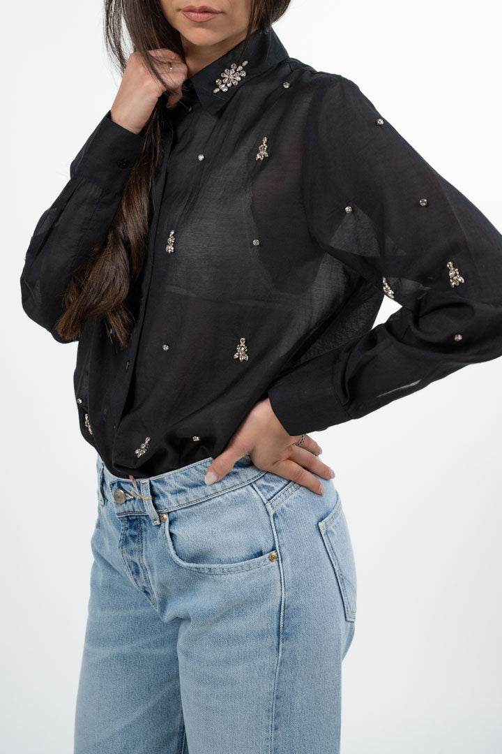 Camicia in Organza Nera con Ricami Gioiello e Strass - Gaudì