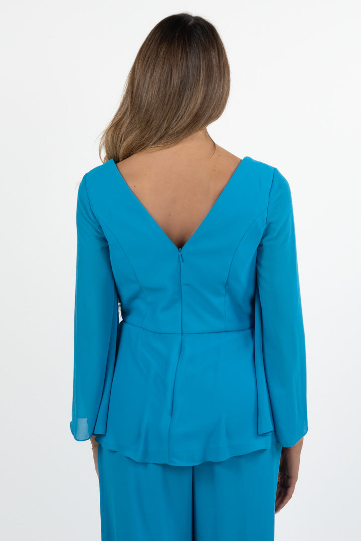 Completo Elegante con Blusa e Pantalone Palazzo turchese - Solo Gioie