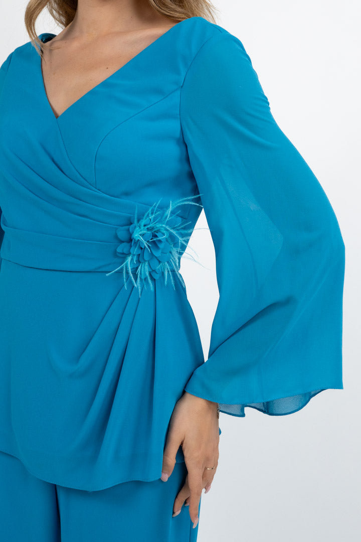 Completo Elegante con Blusa e Pantalone Palazzo turchese - Solo Gioie