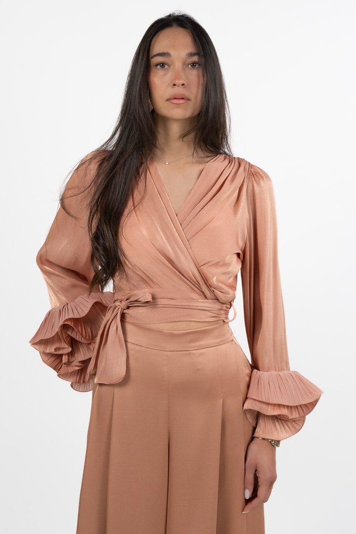 Blusa Crop a Portafoglio con Maxi Volant rosa - Hanita