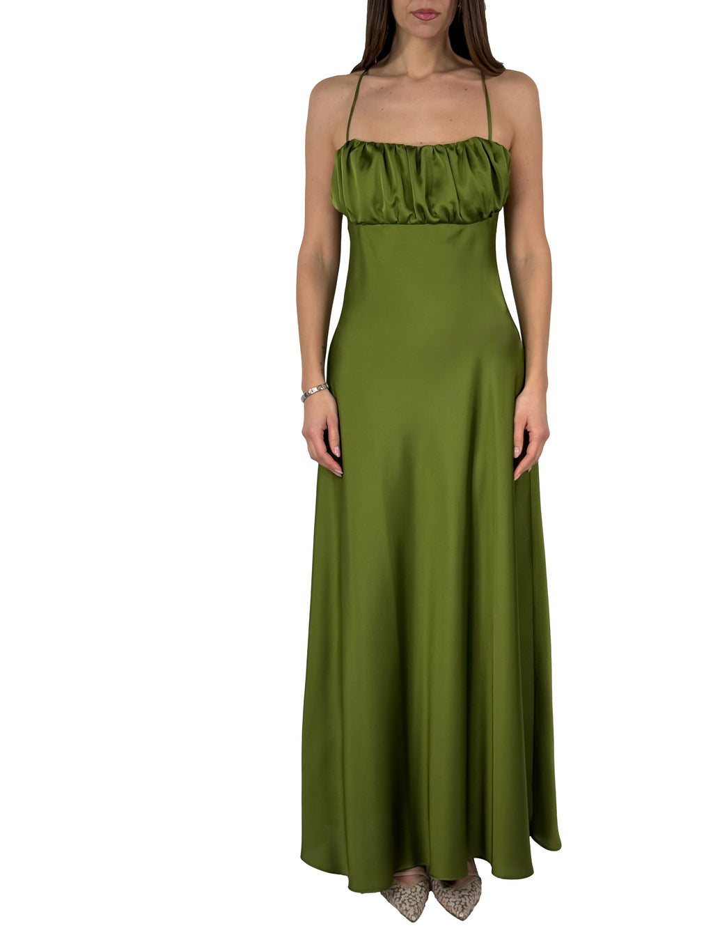 Slip Dress in Satin con Busto Arricciato verde - Hanita
