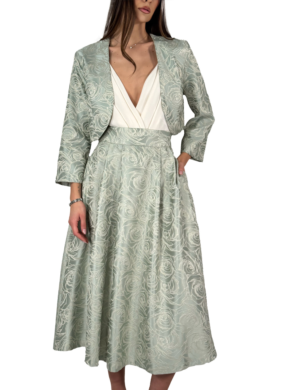 Bolerino Elegante in Jacquard Floreale Verde Salvia - Rinascimento