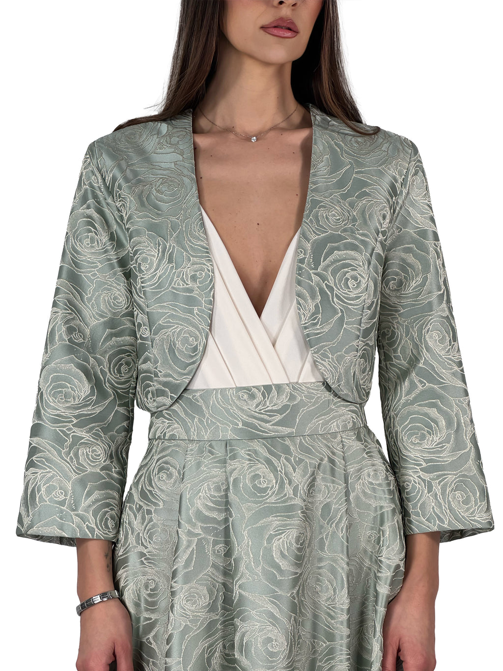 Bolerino Elegante in Jacquard Floreale Verde Salvia - Rinascimento