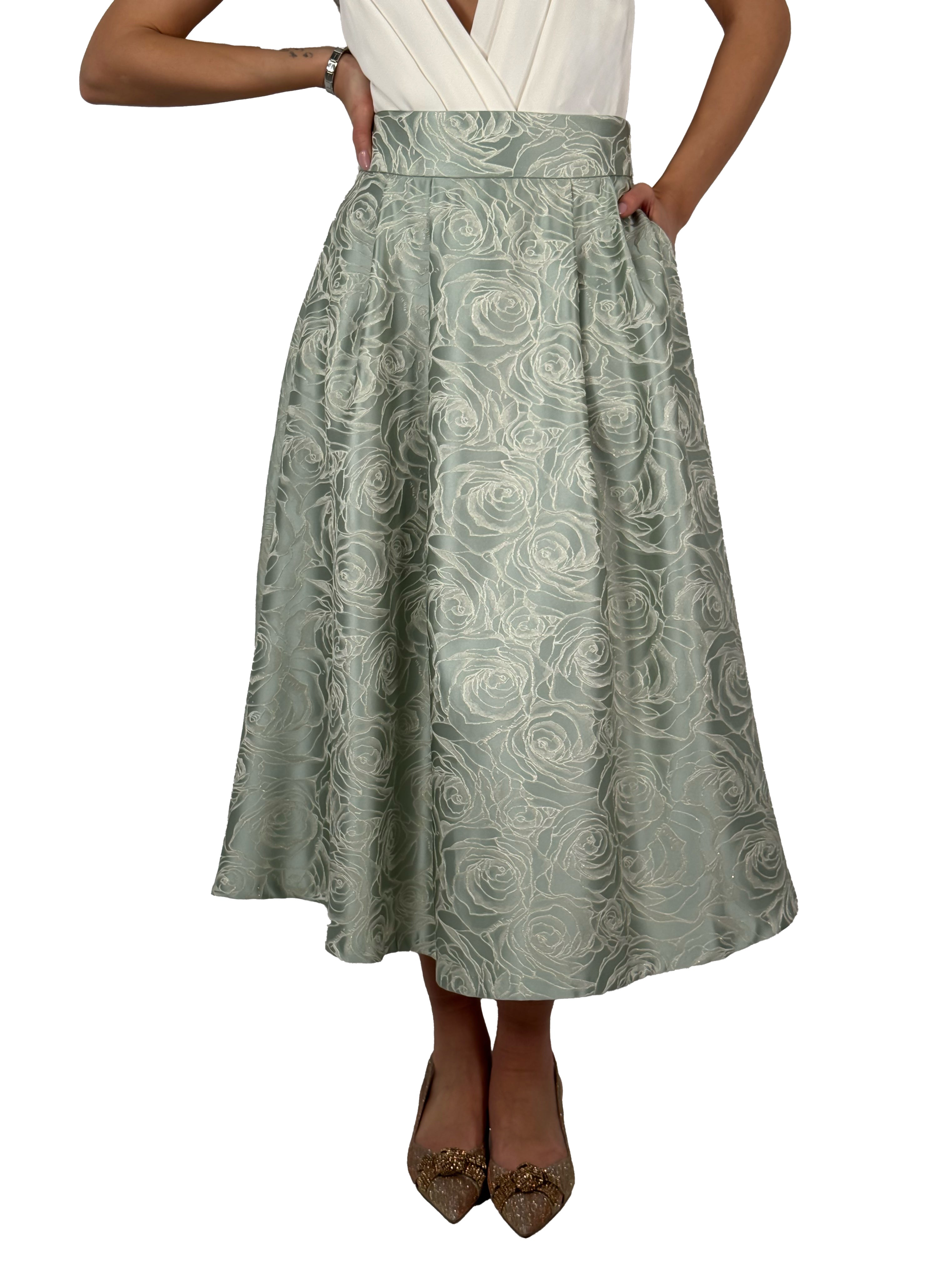 Gonna Midi a Ruota in Jacquard Floreale  Verde Salvia - Rinascimento