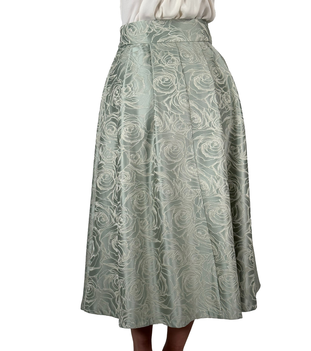 Gonna Midi a Ruota in Jacquard Floreale  Verde Salvia - Rinascimento