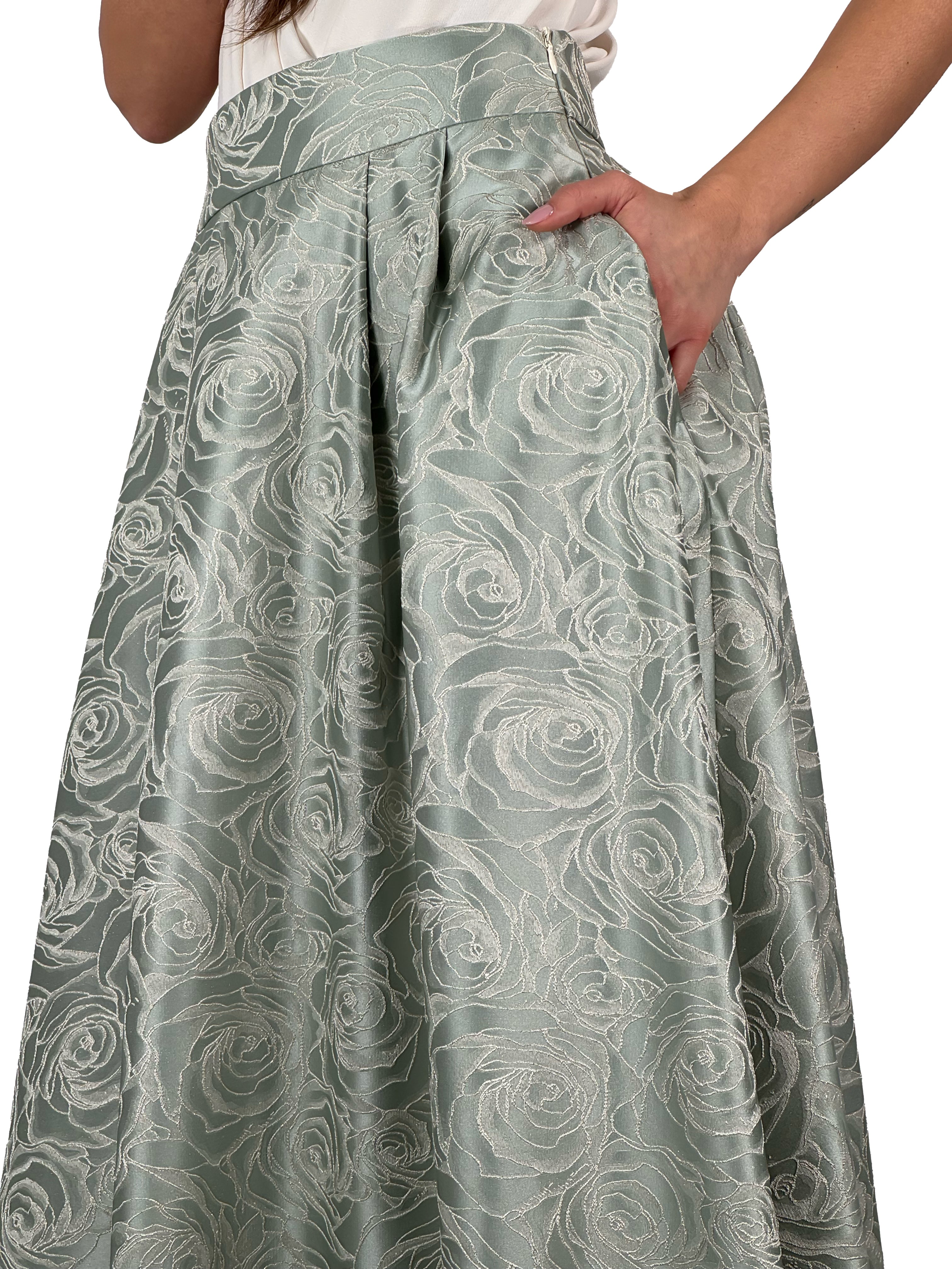 Gonna Midi a Ruota in Jacquard Floreale  Verde Salvia - Rinascimento