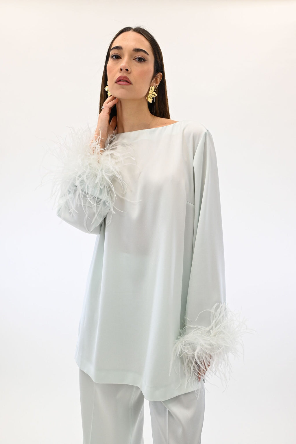 Twinset blusa con piume color acqua